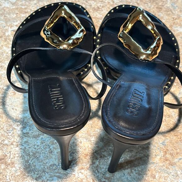 Schutz Women's Amarilis Stiletto Black Gold Sandal Mule Heels New Size 11 - Picture 10 of 11